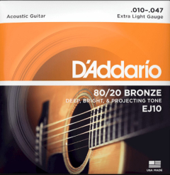 D'addario EJ 10 80/20 Bronze Acoustic Guitar Strings, Extra Light, 10-47