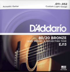 D'addario EJ 13 80/20 Bronze Acoustic Guitar Strings, Custom Light, 11-52